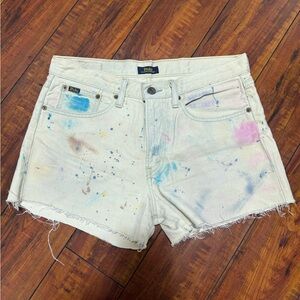 Ralph Lauren White Denim Shorts with Multicolor Paint Splatter